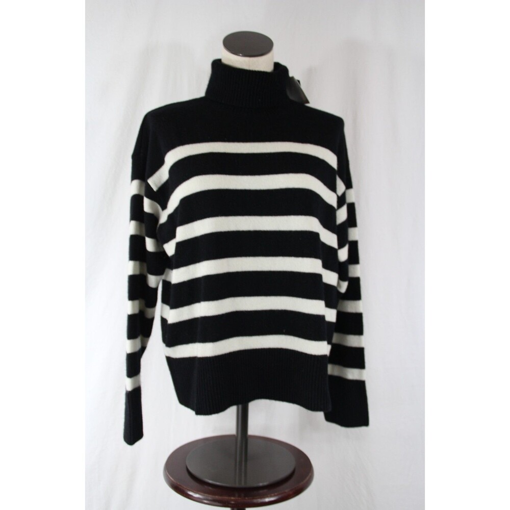 LILYSILK Women's Wool TARRA Black & White Stripes Turtleneck SWEATER M - NEW